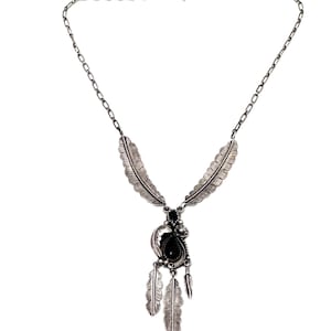 Vintage Navajo Sterling Silver & Onyx Feather Necklace, By S. A. ARVISO (N037)