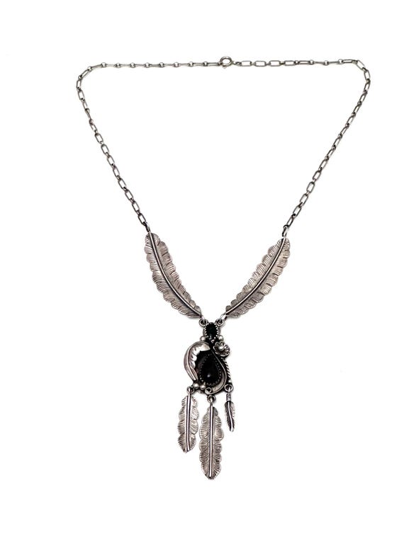 Vintage Navajo Sterling Silver & Onyx Feather Necklace, By S. A. ARVISO
