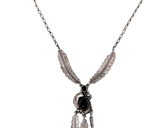 Vintage Navajo Sterling Silver & Onyx Feather Necklace, By S. A. ARVISO (N037)