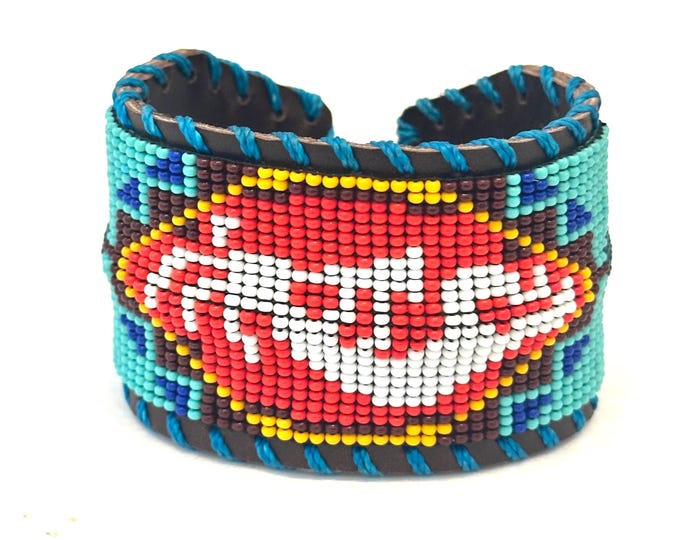 Unisex Leather Beaded Wide Cuff Bracelet /Kokopeli Bead Work Design