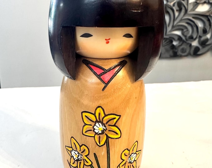 Usaburo Japanese Kokeshi Doll with Flowers