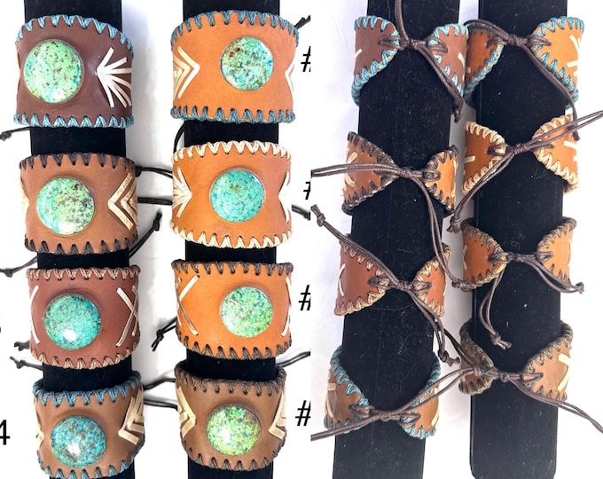 Adjustable Leather Cuff with Chrysocolla / Unisex Leather Bracelet, Leather Cuff