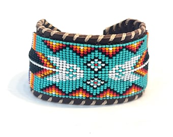 Unisex Leather Beaded Wide Cuff Bracelet / Bead Work, Feather Design