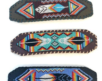 Unisex Leather Beaded Wide Cuff Bracelet / Bead Work, Feather Design