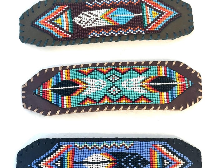 Unisex Leather Beaded Wide Cuff Bracelet / Bead Work, Feather Design