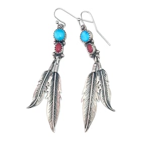 VintageTurquoise and Coral Earrings with Sterling Dangling Feathers/ Navajo Earrings