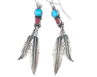 VintageTurquoise and Coral Earrings with Sterling Dangling Feathers/ Navajo Earrings