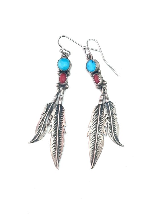 VintageTurquoise and Coral Earrings with Sterling Dangling Feathers/ Navajo Earrings