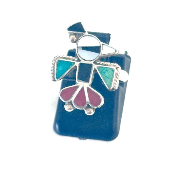 VTG Zuni Sterling Silver Thunderbird Turquoise Multi Stone Inlaid Ring Sz 5