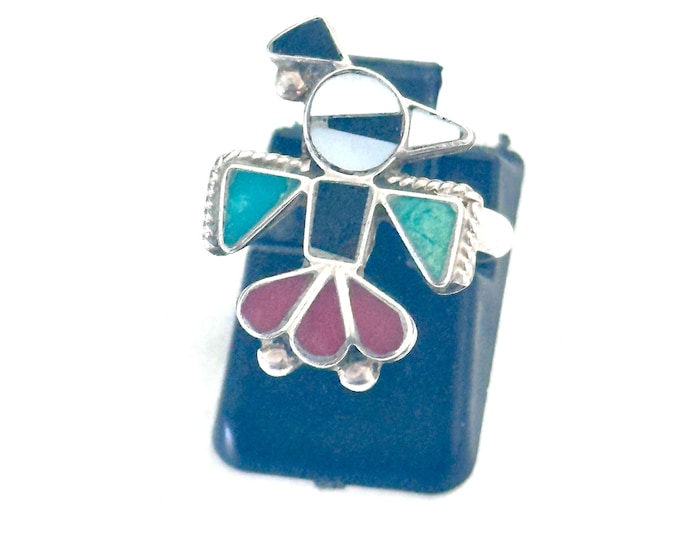VTG Zuni Sterling Silver Thunderbird Turquoise Multi Stone Inlaid Ring Sz 5