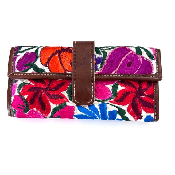 Guatemalan Leather Trifold Wallet, Embroidered Mayan Design Wallet With Check Book Slit