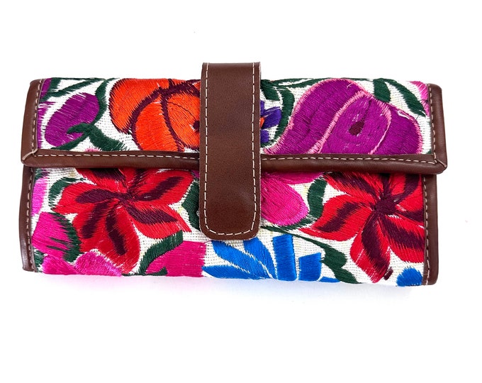 Guatemalan Leather Trifold Wallet, Embroidered Mayan Design Wallet With Check Book Slit