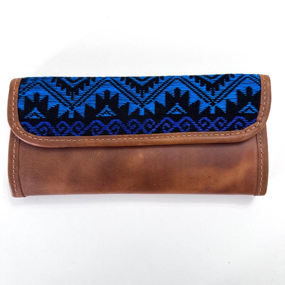 Guatemalan Leather Trifold Wallet, Embroidered Mayan Design Wallet With Check Book Slit