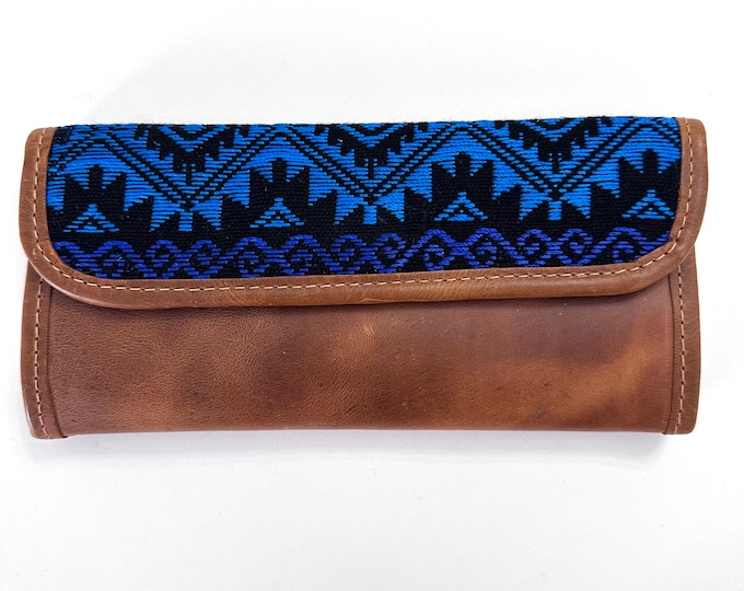 Guatemalan Leather Trifold Wallet, Embroidered Mayan Design Wallet With Check Book Slit