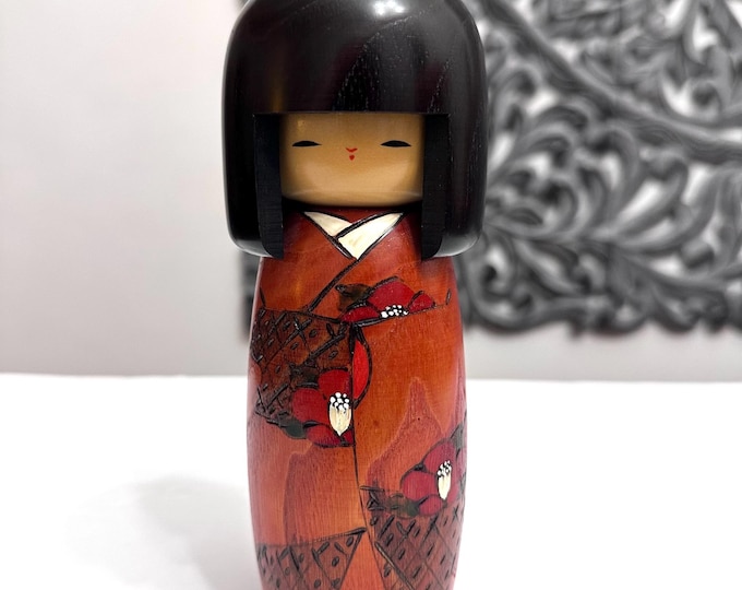 7.5” Usaburo Kokeshi Doll /Japanese Art/ Wood Carved Girl Doll