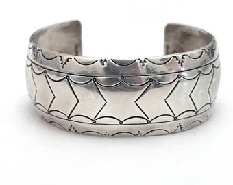 Vintage südwestlichen Massiv Sterling Silber Muster gestempelt Manschette Armband (B050)