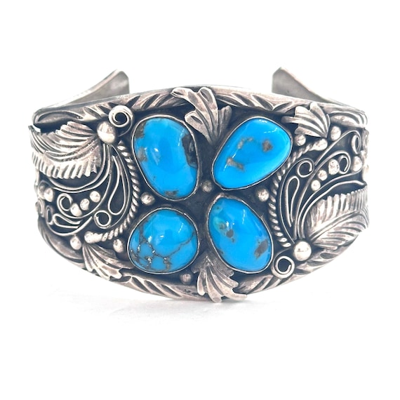 Vintage Native American Turquoise Ornate Sterling Silver Squash Blossom Cuff Bracelet B022