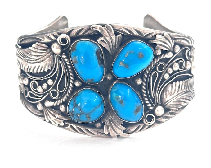 Vintage Native American Turquoise Ornate Sterling Silver Squash Blossom Cuff Bracelet B022