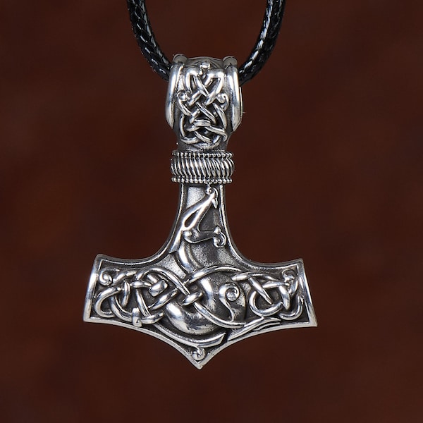 925 Sterling Silver Double-Sided Viking Dragon Thors Hammer Thor Mjölnir Mjolnir Necklace Pendant  Jewelry For Men and Women - Fast Delivery