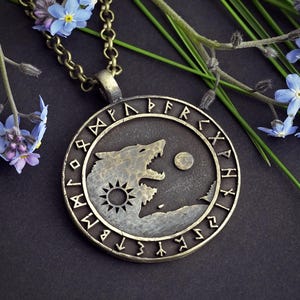 Wolf Necklace Viking Wolves Skoll and Hati Chasing Sun and Moon  Balance In Life - Full Set Futhark Runes - Algiz Tiwaz Fenrir Pendant