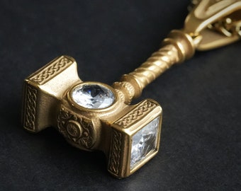 Handmade Viking Thor Hammer with Gemstone Crystals Necklace Pendant For Men and Women With Strong 22 Inches Long Chain, Golden / Silver