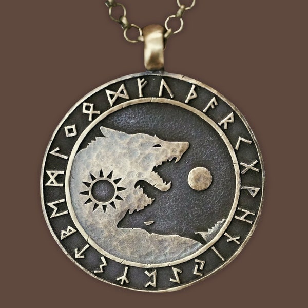 Collier loup loups vikings Skoll et Hati poursuivant l'équilibre entre le soleil et la lune dans la vie - Ensemble complet de runes Futhark - Pendentif Algiz Tiwaz Fenrir