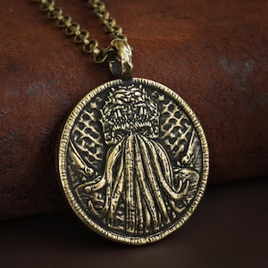 Cthulhu Necklace: Double Sided Lovecraftian Pendant, Solid Silver/Brass