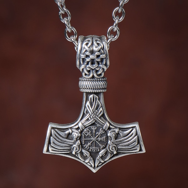925 Sterling Silver Viking Men Thors Hammer Vegvisir Aegishjalmur Raven Huginn Muninn Mjölnir Pendant Necklace Amulet Talisman Jewelry