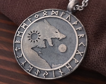 Celtic and Viking inspired Necklace with Wolves Skoll Hati Chasing Sun and Moon - Balance In Life, Friendship Best Friend Pendant