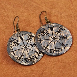 Viking Jewelry Compass Vegvisir Earrings Norse Jewelry Hand Hammered