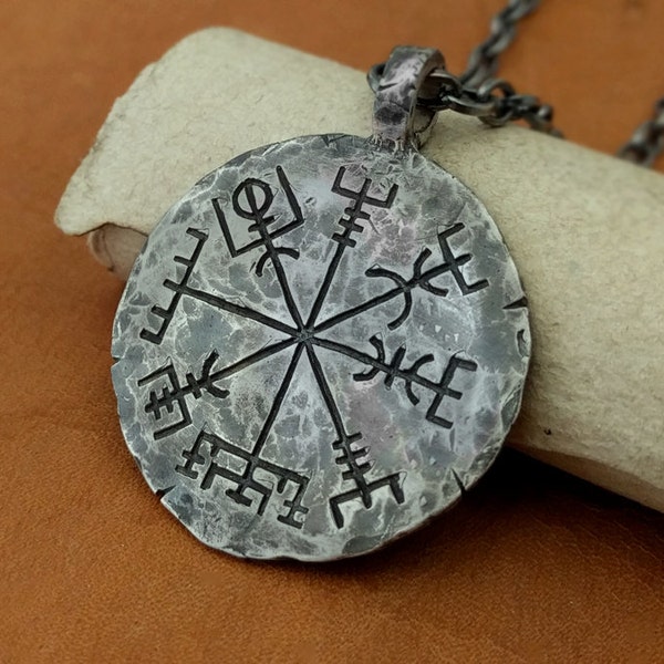 925 Sterling Silver Viking Jewelry Compass Vegvisir Pendant Necklace Norse Jewelry Hand Hammered