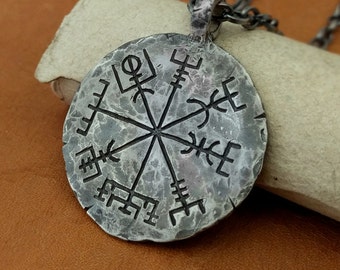 925 Sterling Silver Viking Jewelry Compass Vegvisir Pendant Necklace Norse Jewelry Hand Hammered