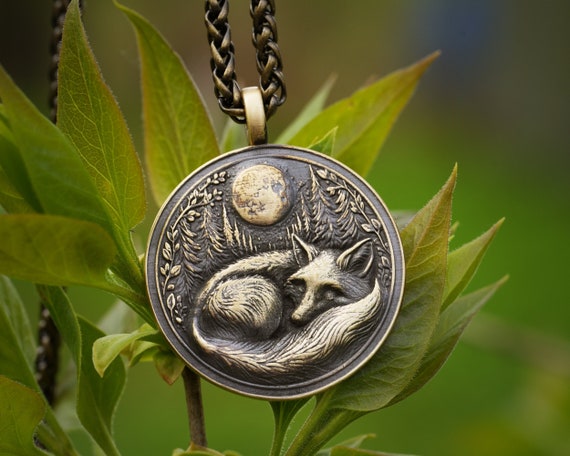 Sleeping Fox Necklace, Fox Moon Pendant, Woodland Forest Jewelry, 925 Sterling Silver or Brass Nature Amulet Gift