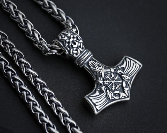Sterling Silver Raven Huginn Muninn Viking Thor Hammer Necklace Vegvisir Aegishjalmur Amulet