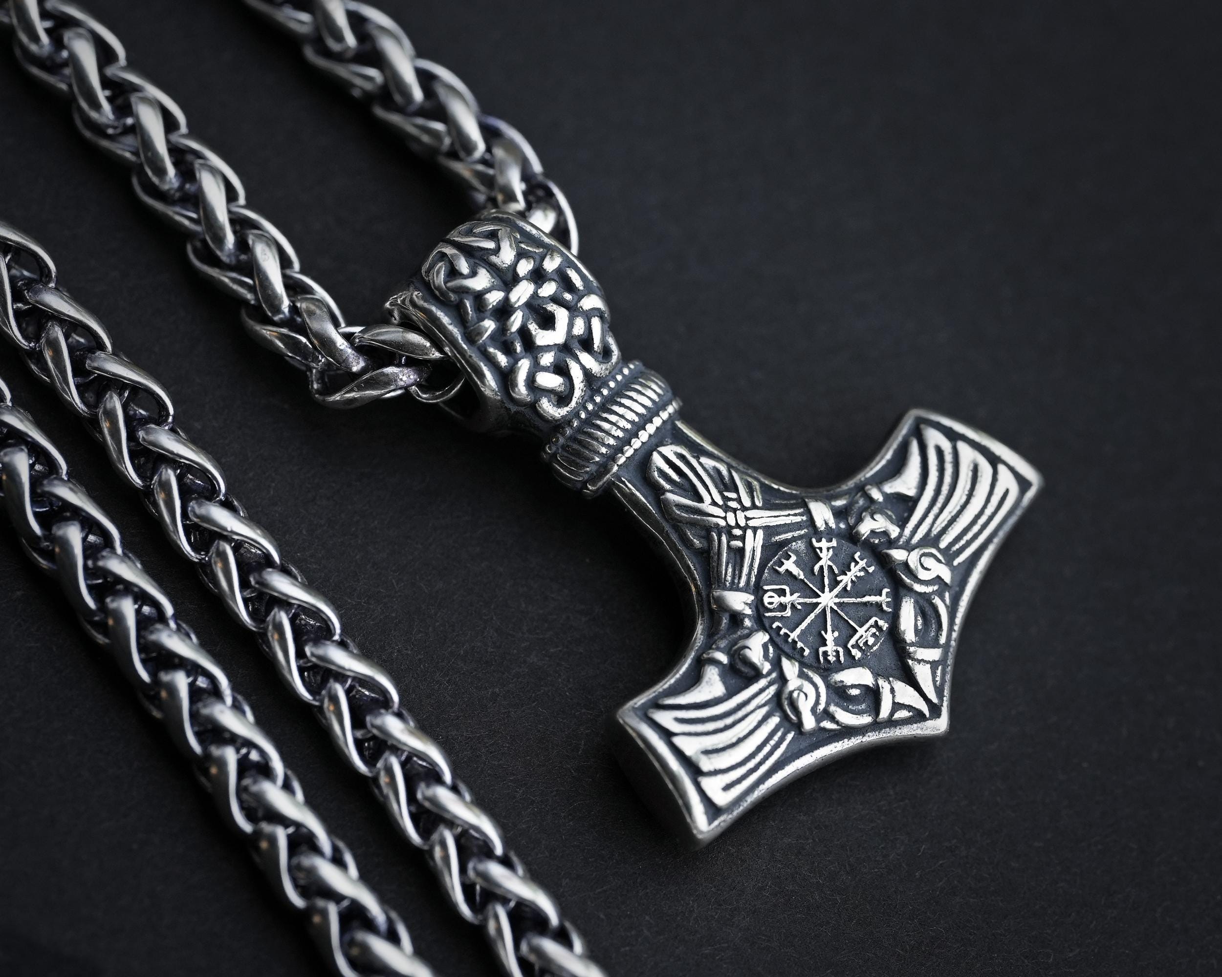 Sterling Silver Raven Huginn Muninn Viking Thor Hammer Necklace