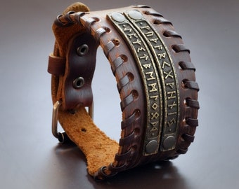 Men Ethnic Genuine Leather Bracelet With Viking Rune Futhark Metal Plates  Adjustable Wrap Tribal Braided Bracelet Wristbands