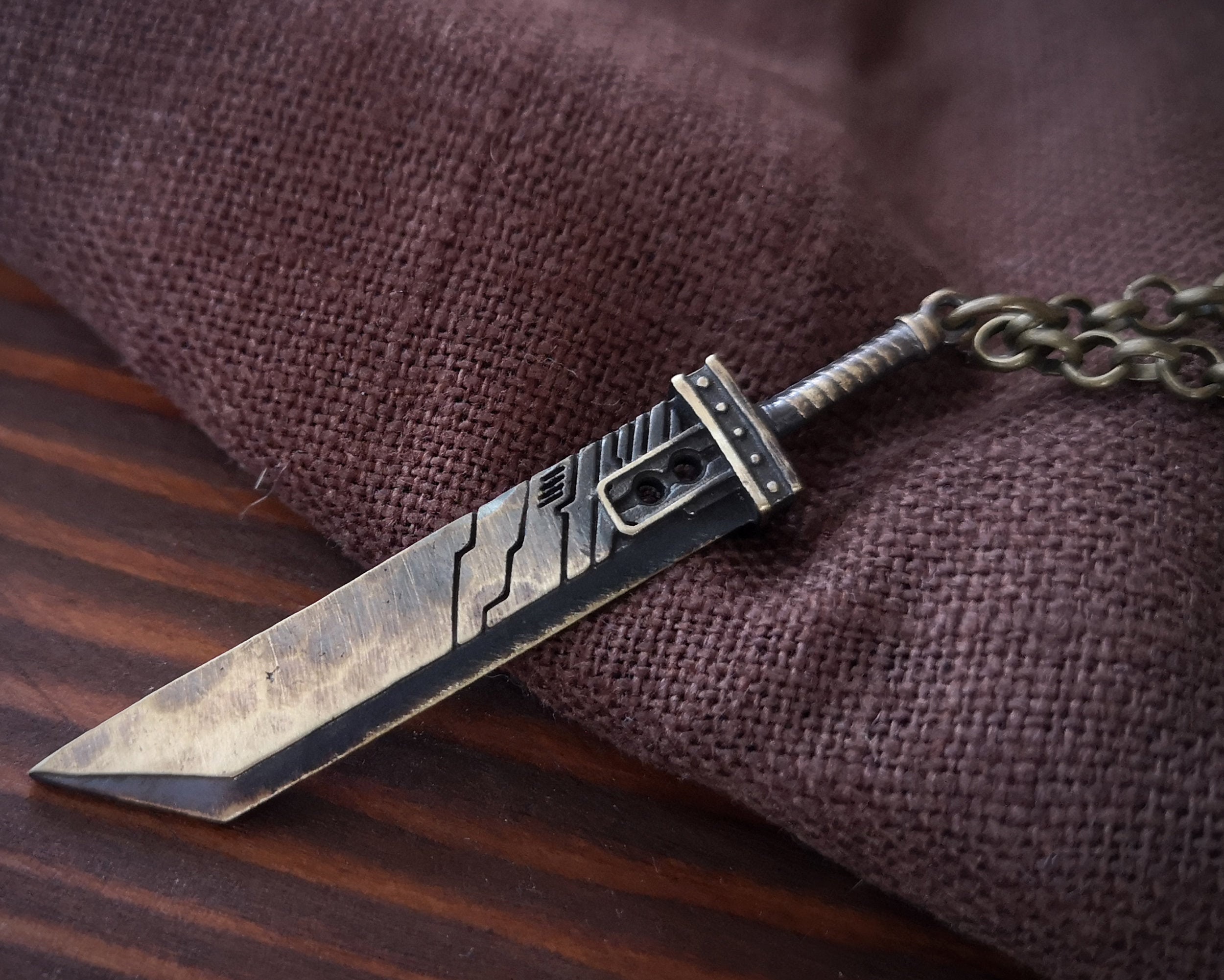 Fantasy VII Hand Hammered Battleworn Cloud Buster Sword Necklace