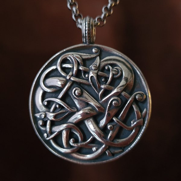 Viking Norse Urnes Dragon Snake Silver Pendant Necklace Amulet Ancient Jewelry for Men Women with Chain