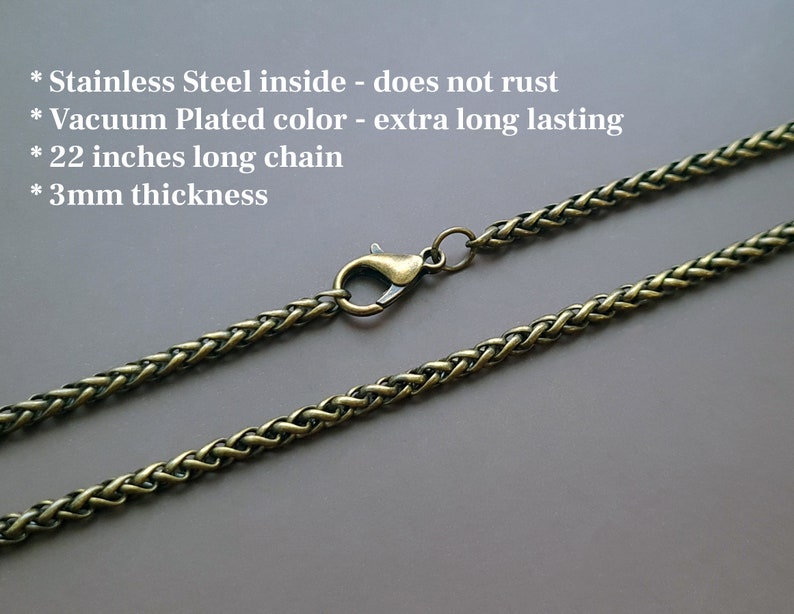 May include: A gold-toned chain necklace with a lobster clasp. The chain is 22 inches long and 3mm thick. It is made of stainless steel and has a vacuum-plated color for long-lasting wear.