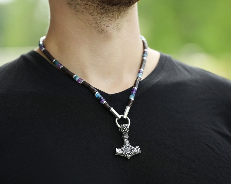 Viking Thor Hammer Necklace With Viking Chain 2 Ravens and a Vegvisir Symbol