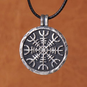 925 Sterling Silver Viking Protection Amulet - Aegishjalmur Helm of Awe, Hand Hammered Norse Pendant Necklace With Adjustable String