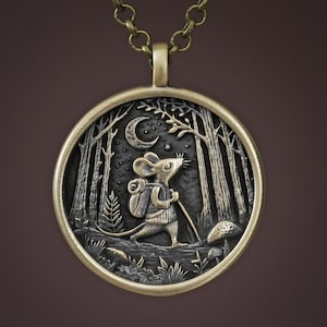 Travelling Mouse in Forest Nature with Moon Necklace Pendant Brass Silver Casting - Handmade - Comes With Chain - Animal Jewelry Explorer