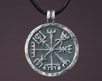 Collier viking recto-verso avec symboles Vegvisir et Aegishjalmur, protège contre le mauvais œil et montre le bon chemin à choisir