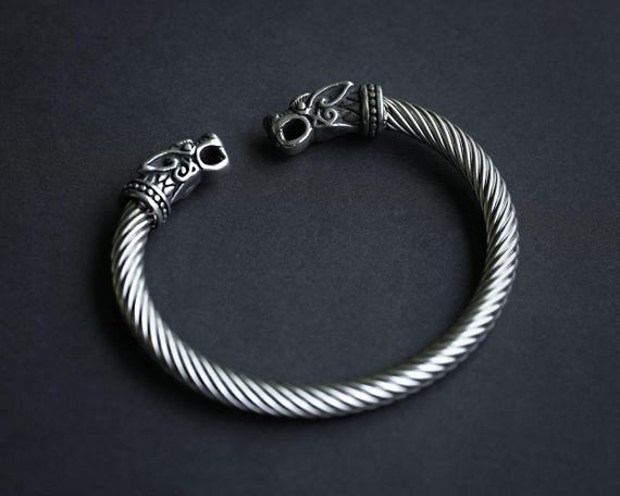 Viking Wolf Head Torque Cuff Bracelet - Stainless Steel Fenrir