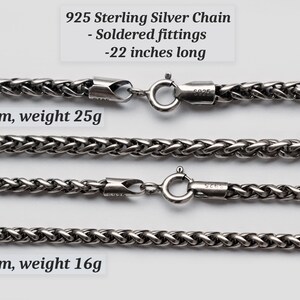 May include: Three silver chains, 22 inches long, with soldered fittings. The top chain is 4mm thick and weighs 25 grams. The middle chain is 3mm thick and weighs 16 grams. The chains are on a white background.