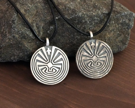 I'itoi Man in the Maze Necklace, Labyrinth Pendant Amulet, Journey
