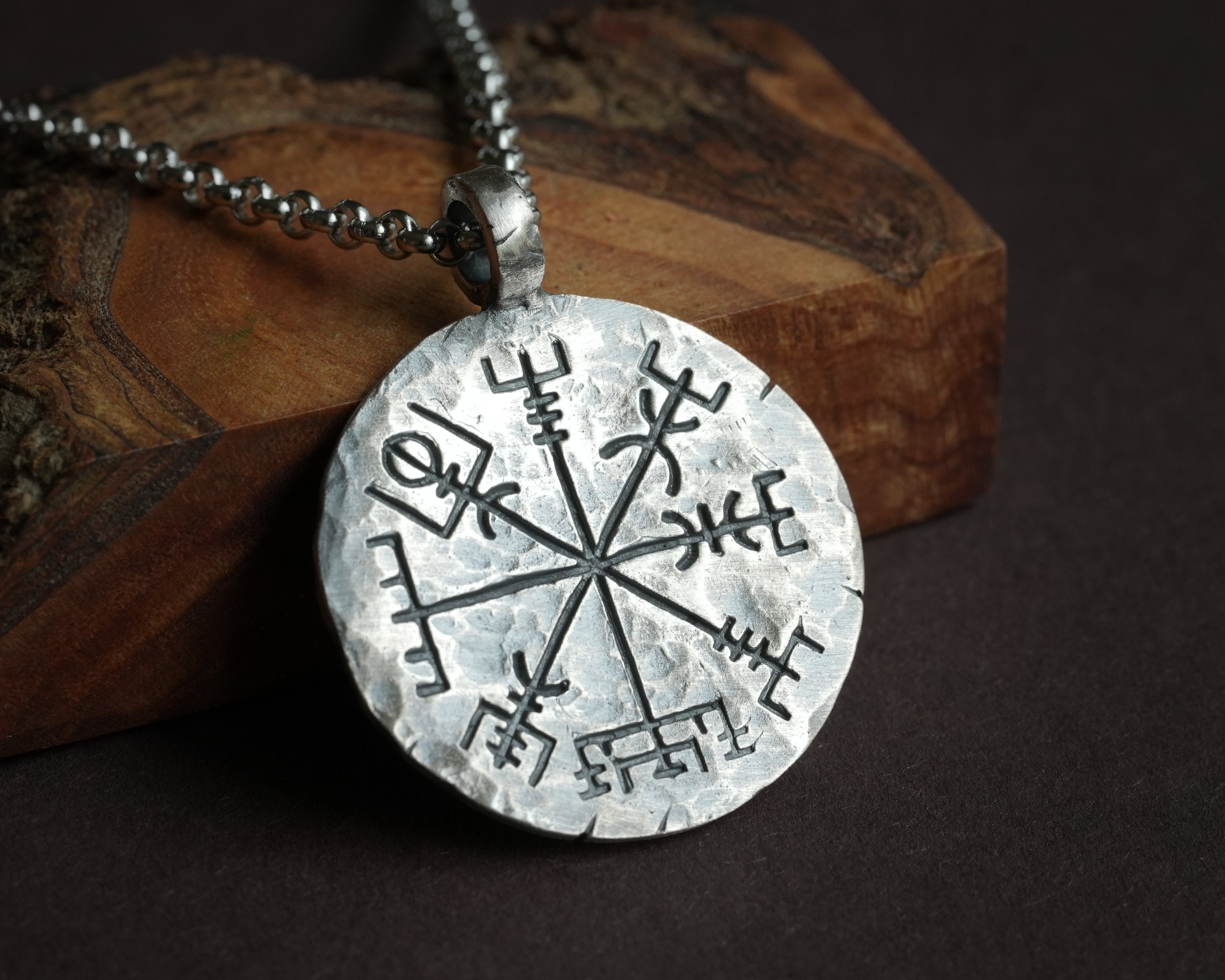 Sterling Silver Viking Vegvisir Pendant Necklace: Hand Hammered