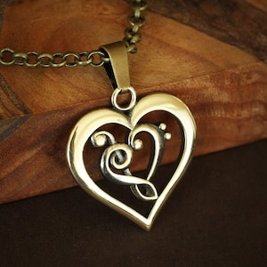Treble & Bass Clef Heart Pendant Necklace Amulet for Her Women music brass / 925 Sterling Silver