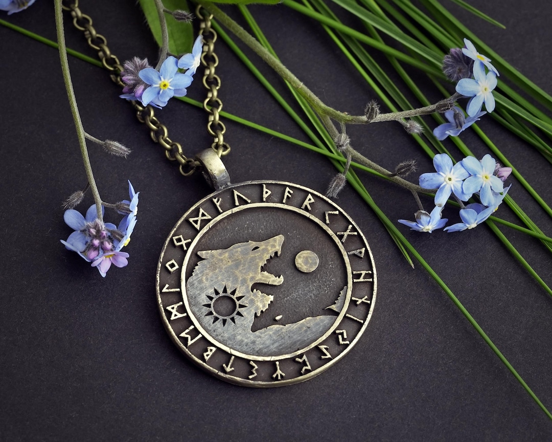 Viking Wolf Necklace: Skoll and Hati, Futhark Runes Pendant - Etsy