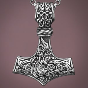 925 Sterling Silver Viking Wolf Fenrir Thor Hammer Thors Mjölnir Mjolnir Necklace Pendant